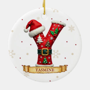 Kerstmuts Rode Kerst Letter Y Naam Keramisch Ornament