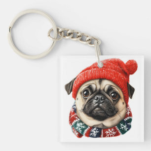 Kerstmuts schattige pug sleutelhanger
