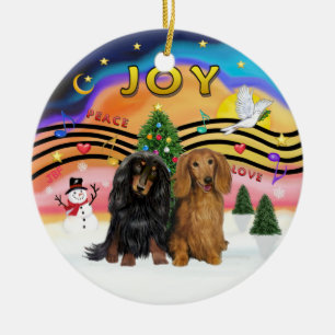 Kerstmuziek 2 - Dachshund (twee langharige) Keramisch Ornament