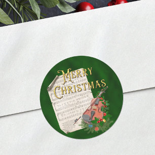 Kerstmuziek op viool groen vintage ronde sticker