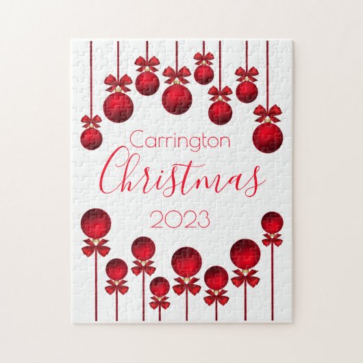 Kerstnaam Jaar Rode sierans, Ribbons Script Legpuzzel (Verticaal)