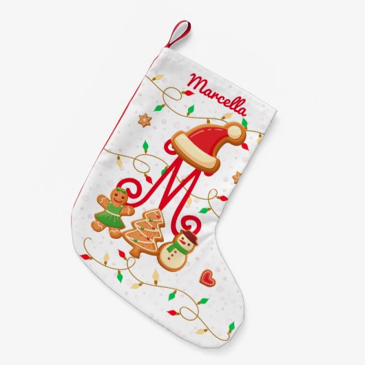 Kerstnaam Monogram Custom Gingerbread Rood Kleine Kerstsok (Voorkant (Hangend))
