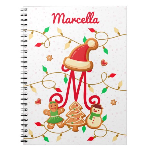 Kerstnaam Monogram Custom Gingerbread Rood Notitieboek (Voorkant)