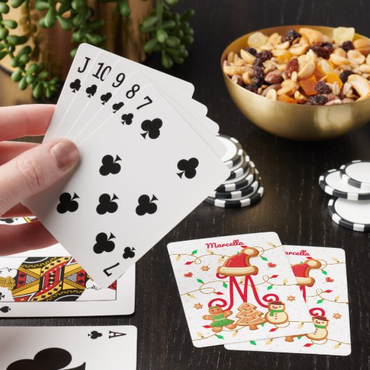 Kerstnaam Monogram Custom Gingerbread Rood Pokerkaarten (Insitu)