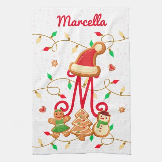 Kerstnaam Monogram Custom Gingerbread Rood Theedoek (Verticaal)