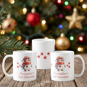 Kerstnaam pinguïn rode warme chocolademelk mok