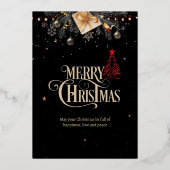 Kerstnacht Feest Uitnodiging, Zwart en Goud Folie Feestdagenkaart (Voorkant)