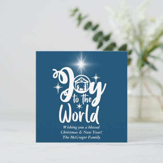 Kerstnativiteit Joeit tot de Wereld Blauw & Wit Feestdagenkaart (Staand voorkant)