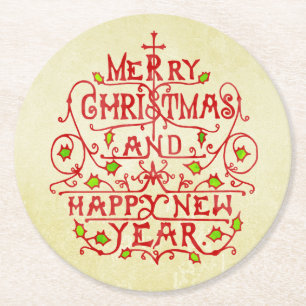 Kerstnieuwjaar typografie ronde kartonnen onderzetter