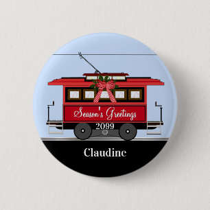 Kerstnieuwjaars Red Tram Trolley Streetcar Ronde Button 5,7 Cm