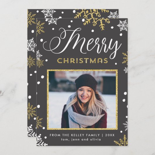Kerstnieuwsbrief Foto met Gouden Sneeuwvlokken Feestdagenkaart (Voorkant / Achterkant)