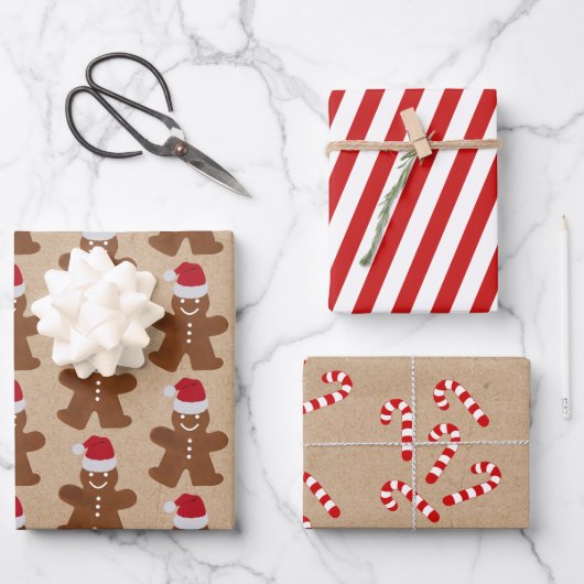 Kerstontbijtkoekjes, koekjes en Snoepjes stripes Inpakpapier Vel (Voorkant)