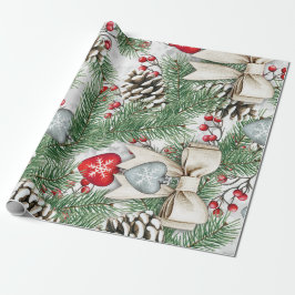Kerstontwerp met dennenappels en hulstbessen cadeaupapier