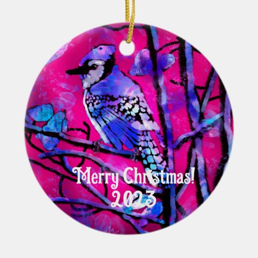 Kerstornament - Blauw Jay Roze Abstracte kunst Keramisch Ornament (Voorkant)