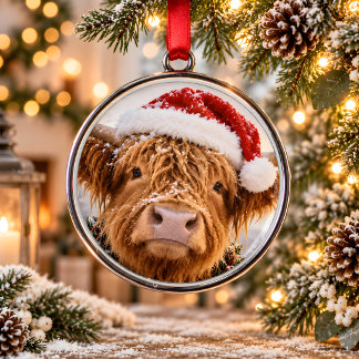 Kerstornament van metaal met Highland-koe in Santa Metalen Ornament