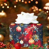 Kerstornamenten in rood goud op een diepblauw patr cadeaupapier