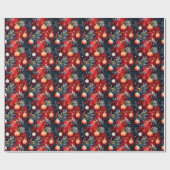 Kerstornamenten in rood goud op een diepblauw patr cadeaupapier (Vlak)