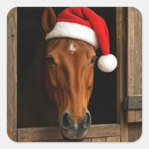 Kerstpaard in stalvenster vierkante sticker