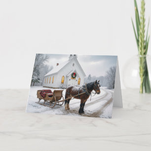 Kerstpaard met slee wachtend bij een kapel kaart
