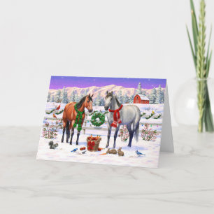 Kerstpaarden in sneeuw feestdagen kaart