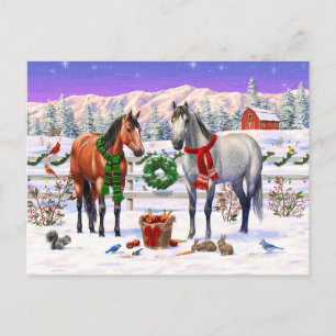Kerstpaarden in sneeuw feestdagenkaart