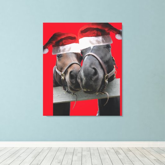 kerstpaarden met kerstcadeautjes Petten Canvas Afdruk (Insitu (Houten vloer))
