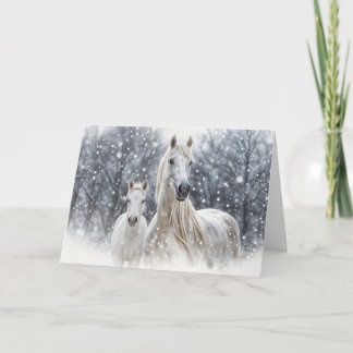 Kerstpaarden Witte Merrie en Veulen in de Sneeuw Feestdagen Kaart