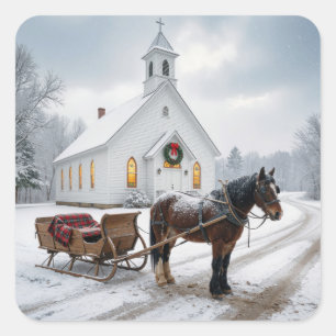 Kerstpaardenslee Verwacht Bij een Kapel Vierkante Sticker
