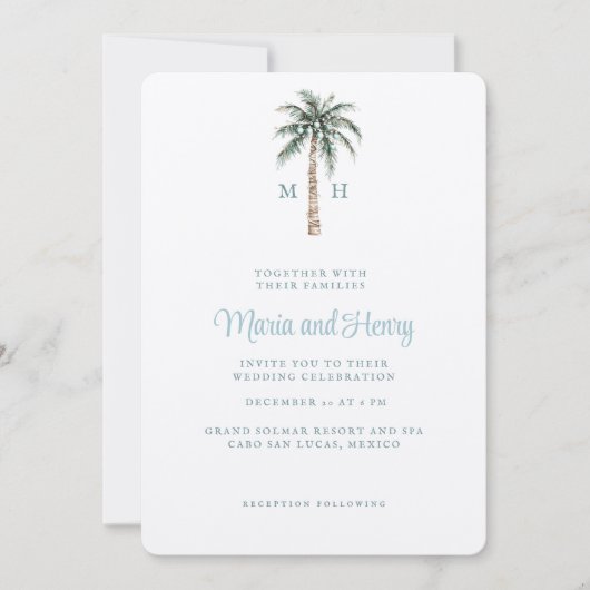 kerstpalmboom | Beach Wedding Monogram Kaart (Voorkant)