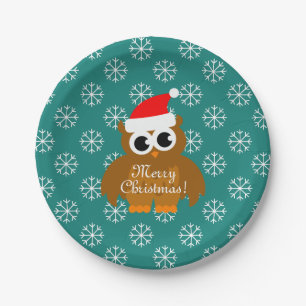 kerstpapier borden   Santa owl met sneeuwvlokken Papieren Bordje