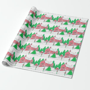 kerstpapier met rode barnwand cadeaupapier
