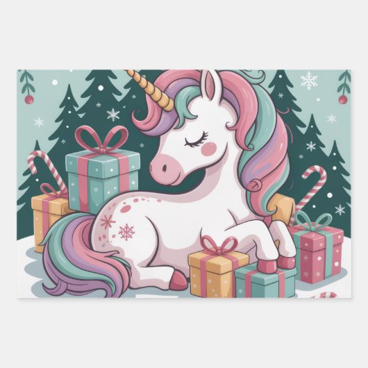 kerstpapier met unicorn Wrapping Inpakpapier Vel (Voorkant)