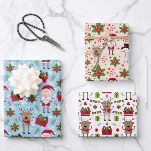 kerstpapier Reindeer Snowman Santa Wrapping Paper (Voorkant)