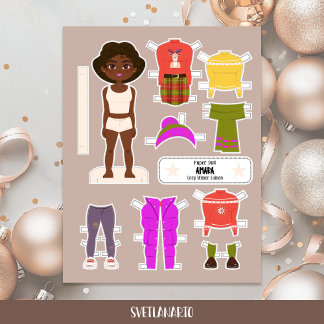 Kerstpapierpop Zwarte Meisje Winterkleren