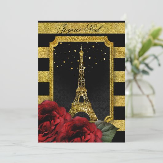 KerstParijs Roos Eiffeltower Gold Stripe Kaart (Staand voorkant)