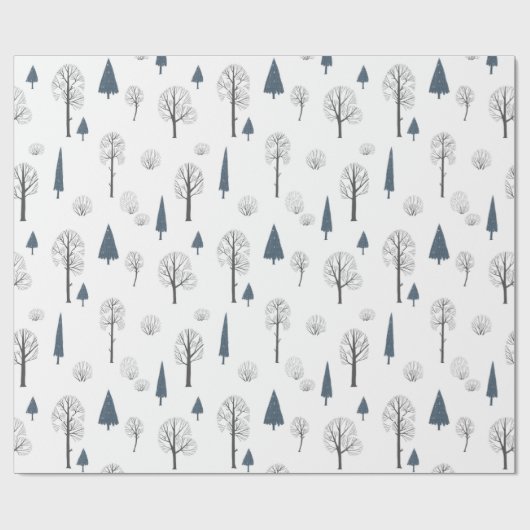 Kerstpatroon blauw, zwarte bomen op wit cadeaupapier (Vlak)