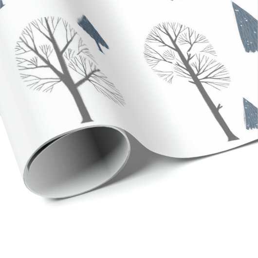 Kerstpatroon blauw, zwarte bomen op wit cadeaupapier (Rol Hoek)
