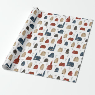 Kerstpatroon. Huizen en een struik in de winter Cadeaupapier