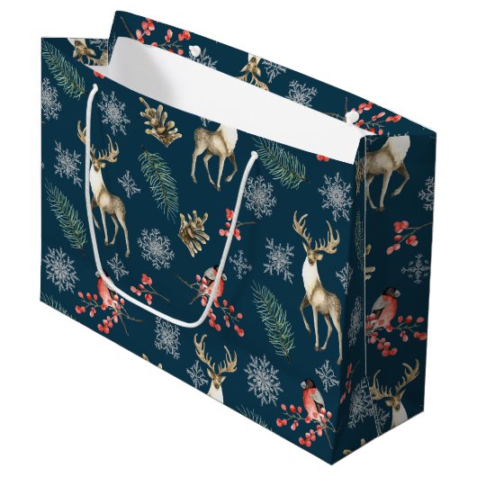 kerstpatroon met Deer & Bullfinches Blue Groot Cadeauzakje (Voorkant Gekanteld)