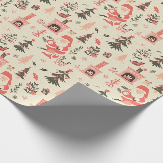 Kerstpatroon met een open haard, bomen en kerstman cadeaupapier (Hoek)