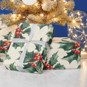 Kerstpatroon met Holly Leaves en Red Berry Cadeaupapier