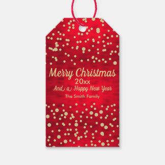 Kerstpatroon met rode en gouden Confetti Cadeaulabel