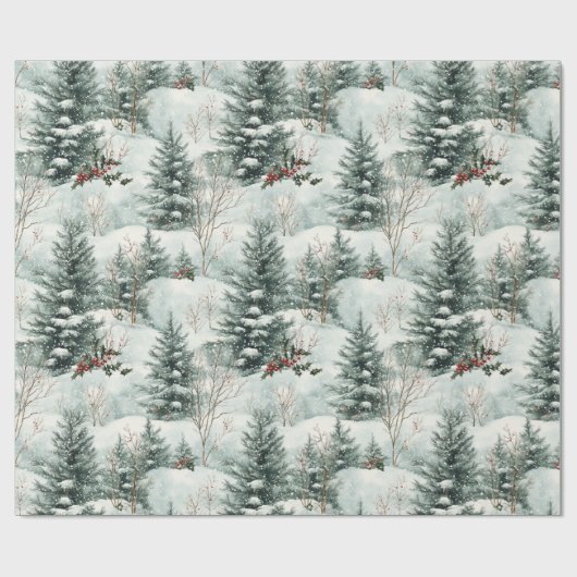Kerstpatroon met Snowy Forest en Pine bomen Cadeaupapier (Vlak)
