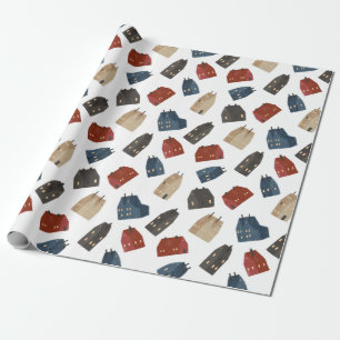 Kerstpatroon van Kleurrijke Gebouwen op Wit Cadeaupapier