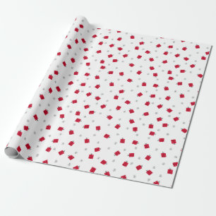 Kerstpatroon van rode cadeaus en sneeuwvlokken cadeaupapier
