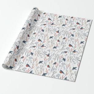 Kerstpatroon van Rode Roodborst Vogels en Planten Cadeaupapier
