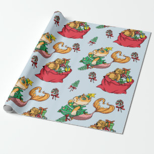 kerstpatroonschilderij Funny Mermaid Cat Cadeaupapier