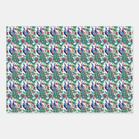 Kerstpauwen en poinsettia's inpakpapier vel (Voorkant 3)