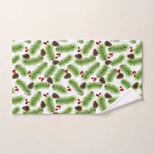 Kerstpijnboombladeren, kegels en bessen op wit bad handdoek (Handdoek)