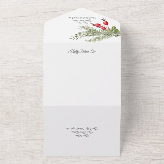 kerstpine en bessen all in one uitnodiging (Buitenkant)